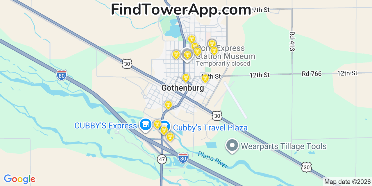 Map showing the 20 primary cell tower locations detected in Gothenburg, Nebraska from AT&T, Verizon, and T-Mobile networks