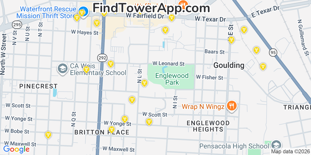 Map showing the 20 primary cell tower locations detected in Goulding, Florida from AT&T, Verizon, and T-Mobile networks