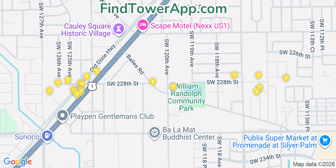 Map showing the 20 primary cell tower locations detected in Goulds, Florida from AT&T, Verizon, and T-Mobile networks