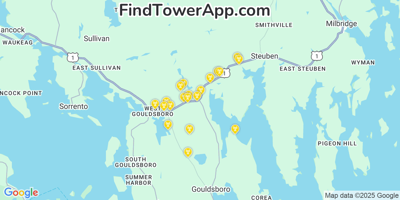 Map showing the 20 primary cell tower locations detected in Gouldsboro, Maine from AT&T, Verizon, and T-Mobile networks