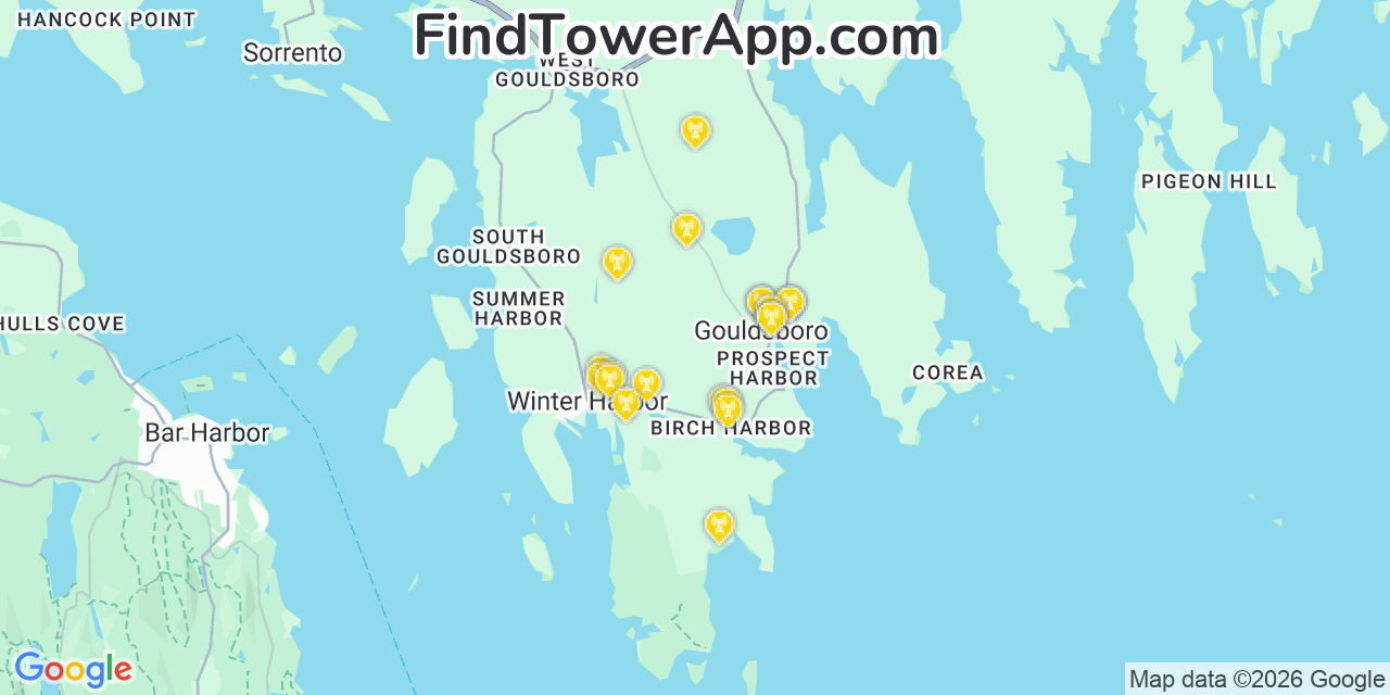 Map showing the 20 primary cell tower locations detected in Gouldsboro, Maine from AT&T, Verizon, and T-Mobile networks