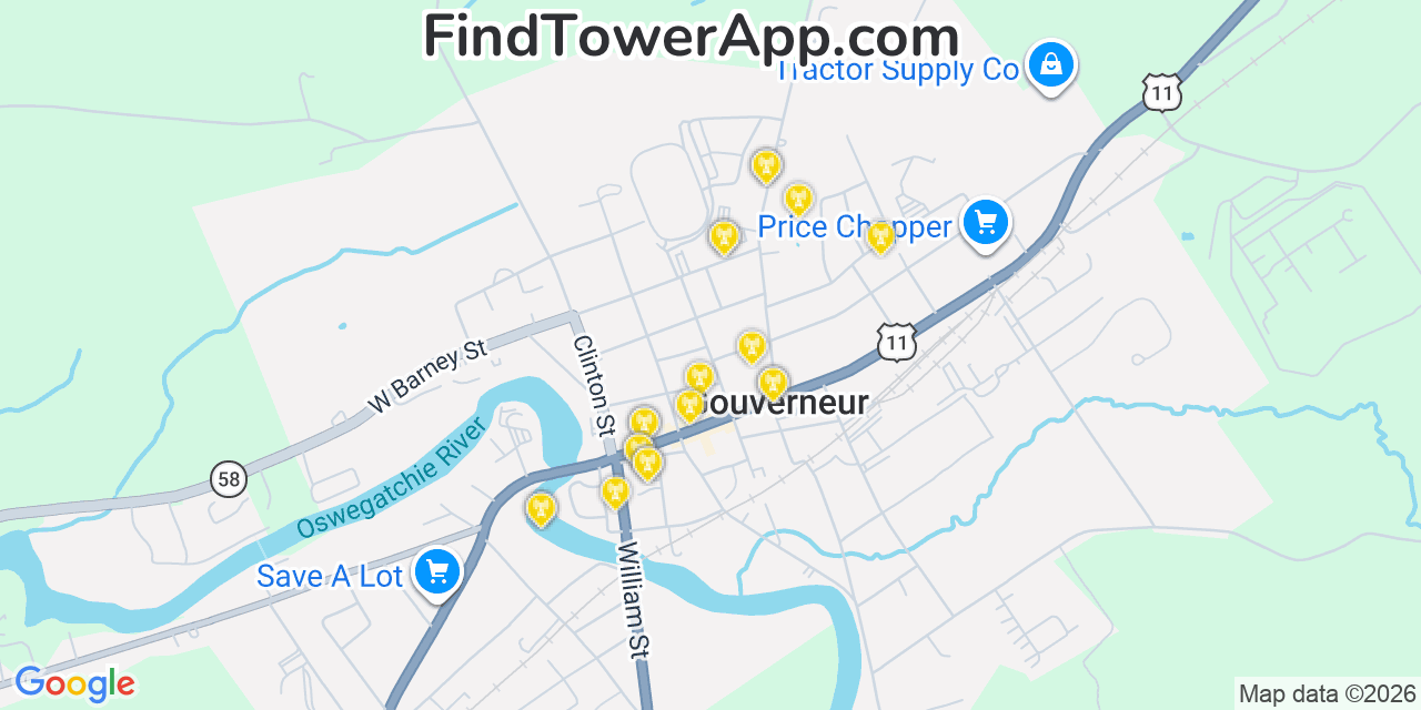 Map showing the 20 primary cell tower locations detected in Gouverneur, New York from AT&T, Verizon, and T-Mobile networks