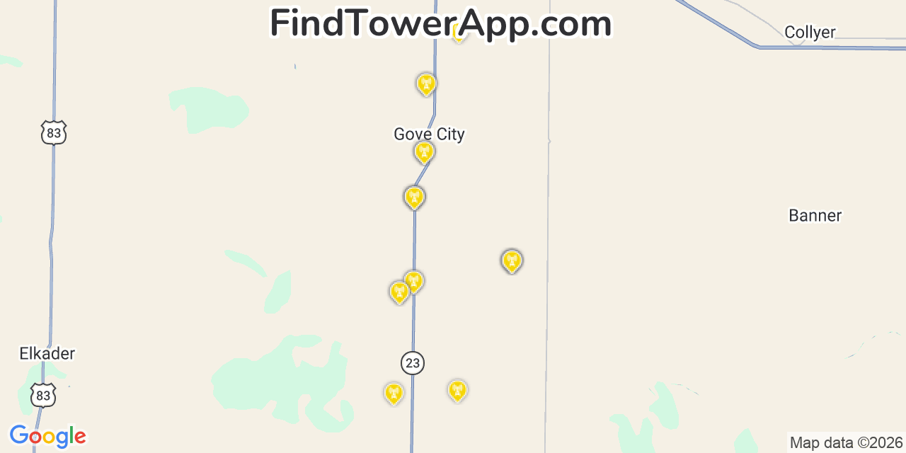 Map showing the 20 primary cell tower locations detected in Gove, Kansas from AT&T, Verizon, and T-Mobile networks