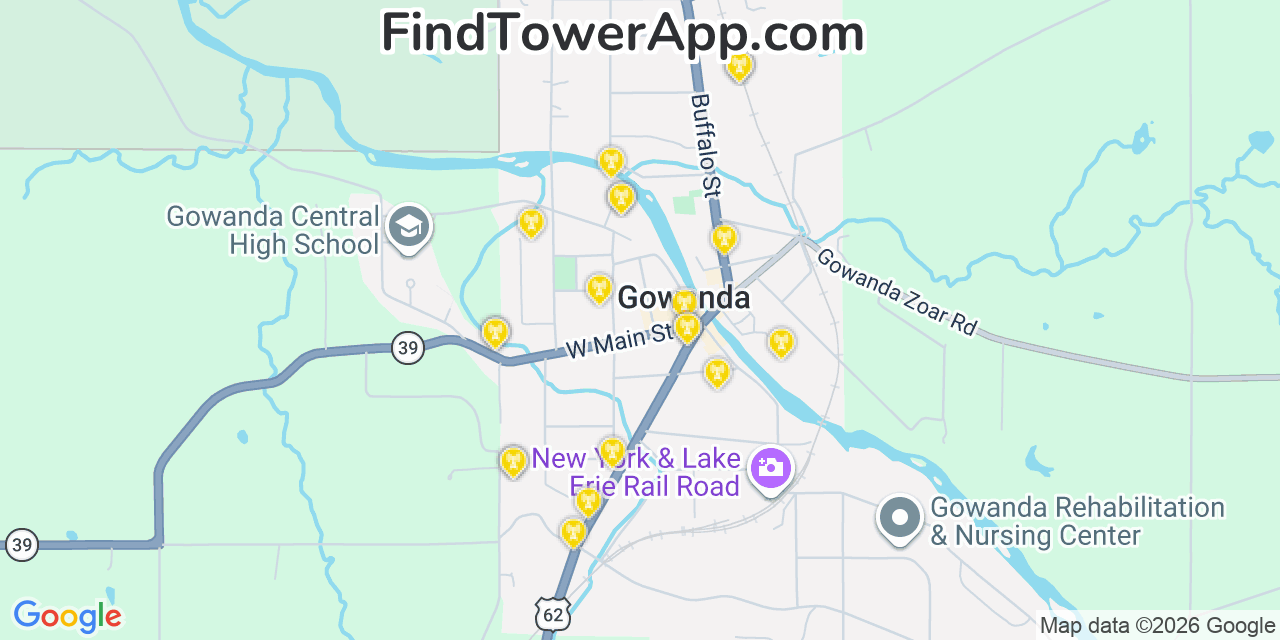 Map showing the 20 primary cell tower locations detected in Gowanda, New York from AT&T, Verizon, and T-Mobile networks