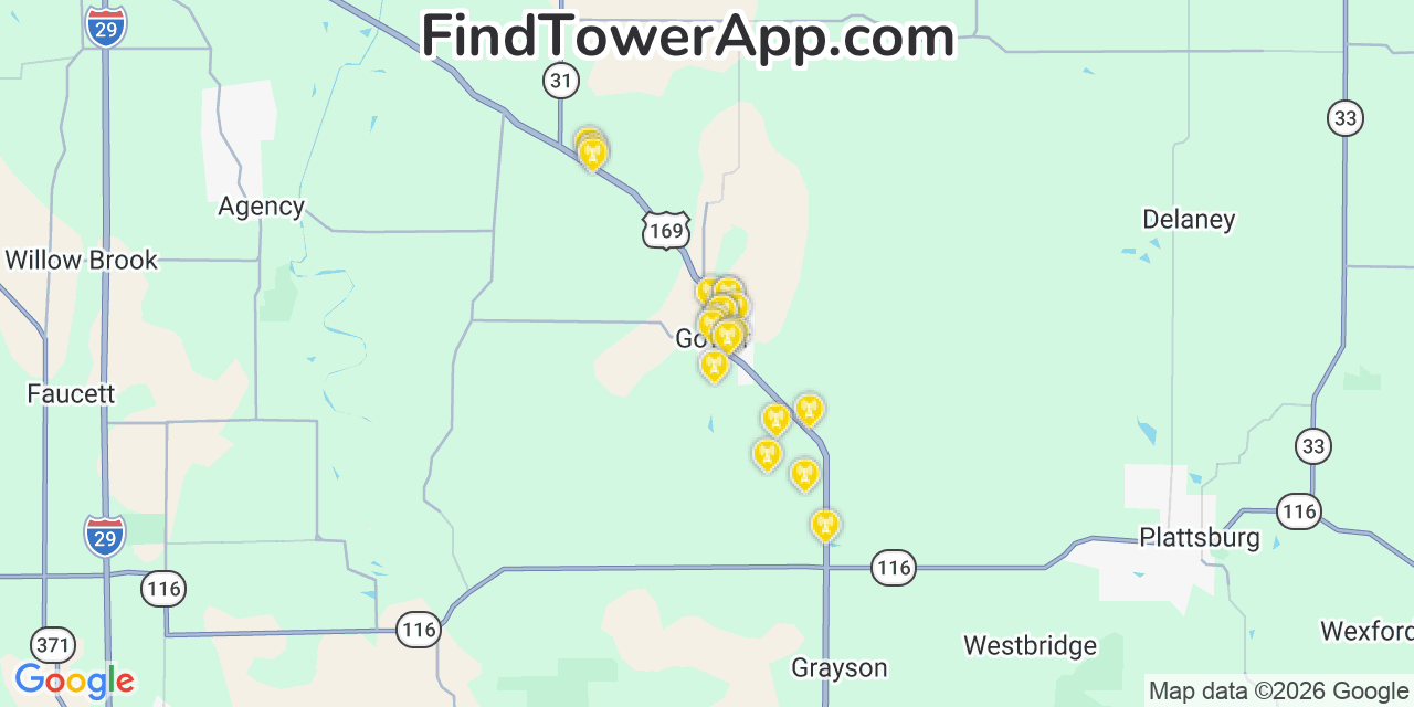 Map showing the 20 primary cell tower locations detected in Gower, Missouri from AT&T, Verizon, and T-Mobile networks
