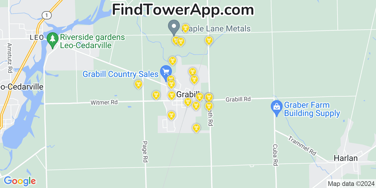 AT&T 4G/5G cell tower coverage map Grabill, Indiana