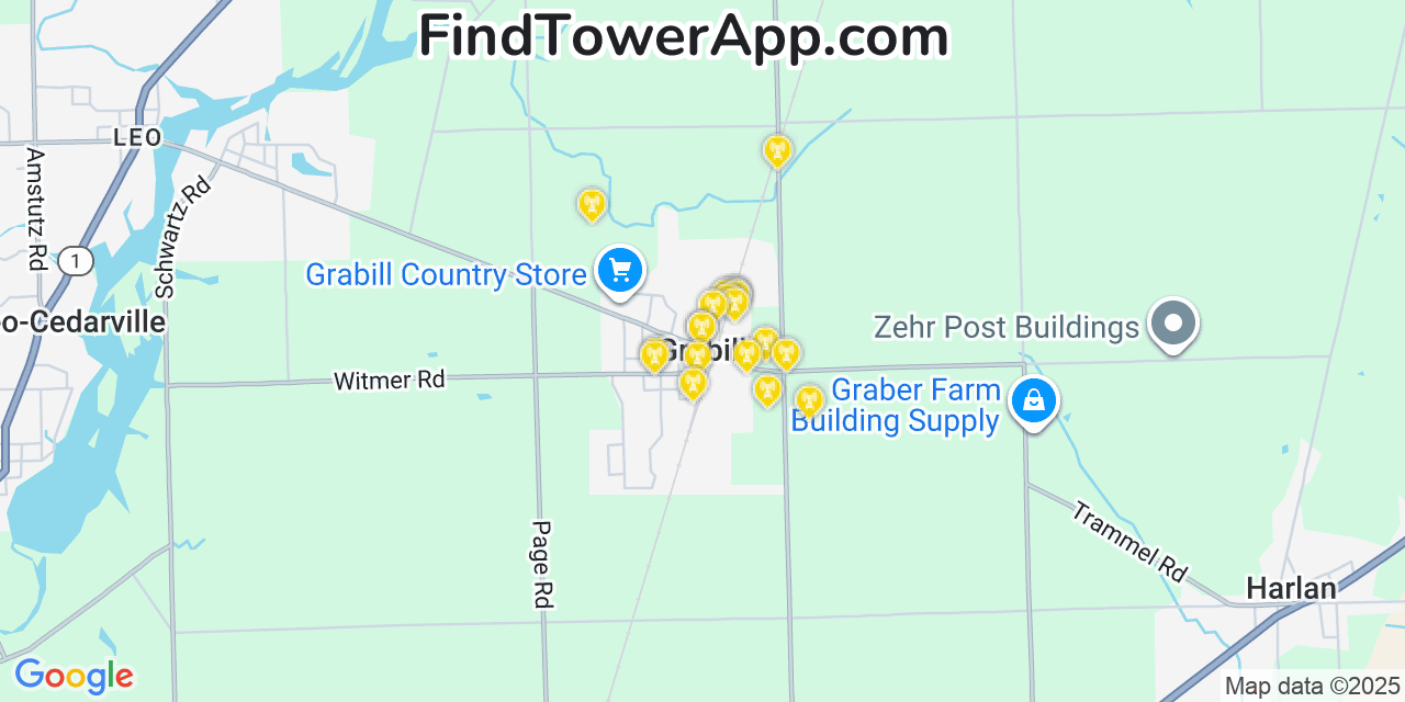 Map showing the 20 primary cell tower locations detected in Grabill, Indiana from AT&T, Verizon, and T-Mobile networks
