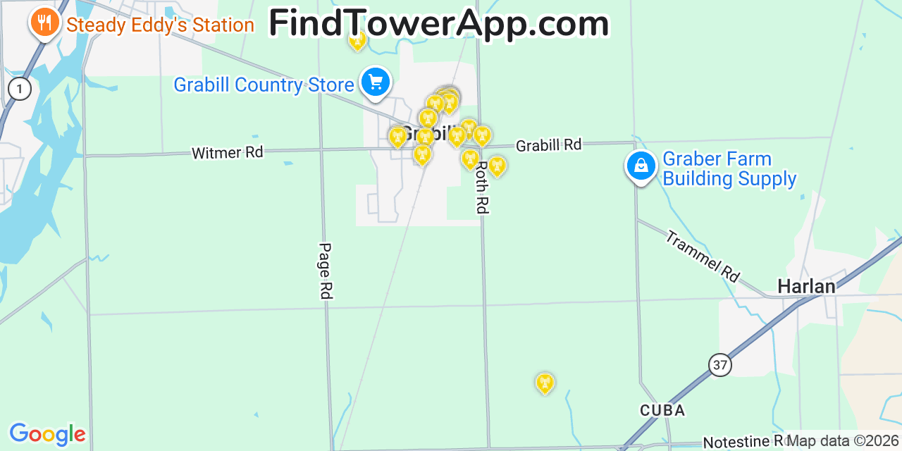 Map showing the 20 primary cell tower locations detected in Grabill, Indiana from AT&T, Verizon, and T-Mobile networks