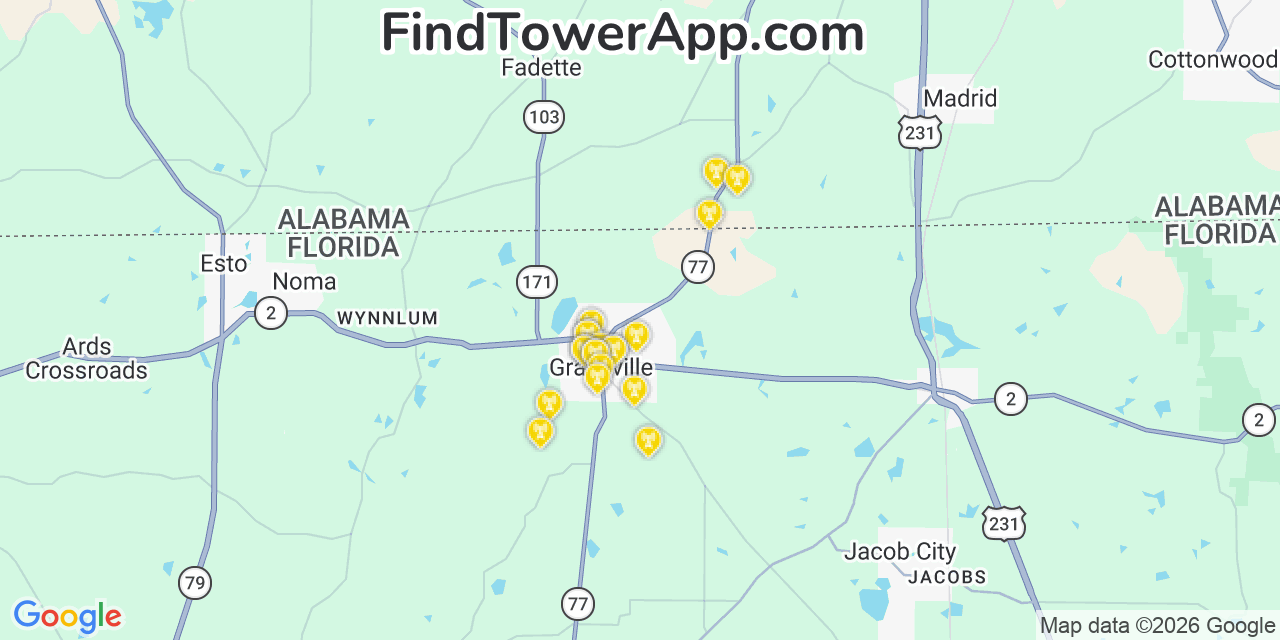 Map showing the 20 primary cell tower locations detected in Graceville, Florida from AT&T, Verizon, and T-Mobile networks