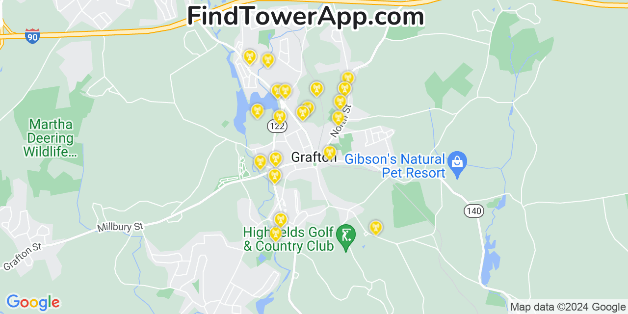 AT&T 4G/5G cell tower coverage map Grafton, Massachusetts