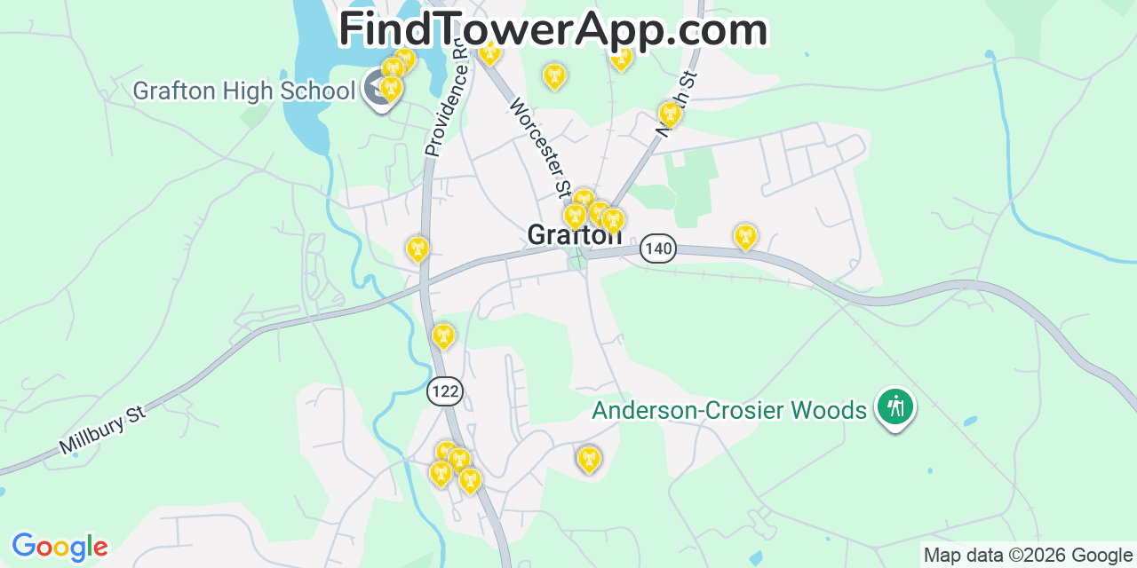 Map showing the 20 primary cell tower locations detected in Grafton, Massachusetts from AT&T, Verizon, and T-Mobile networks