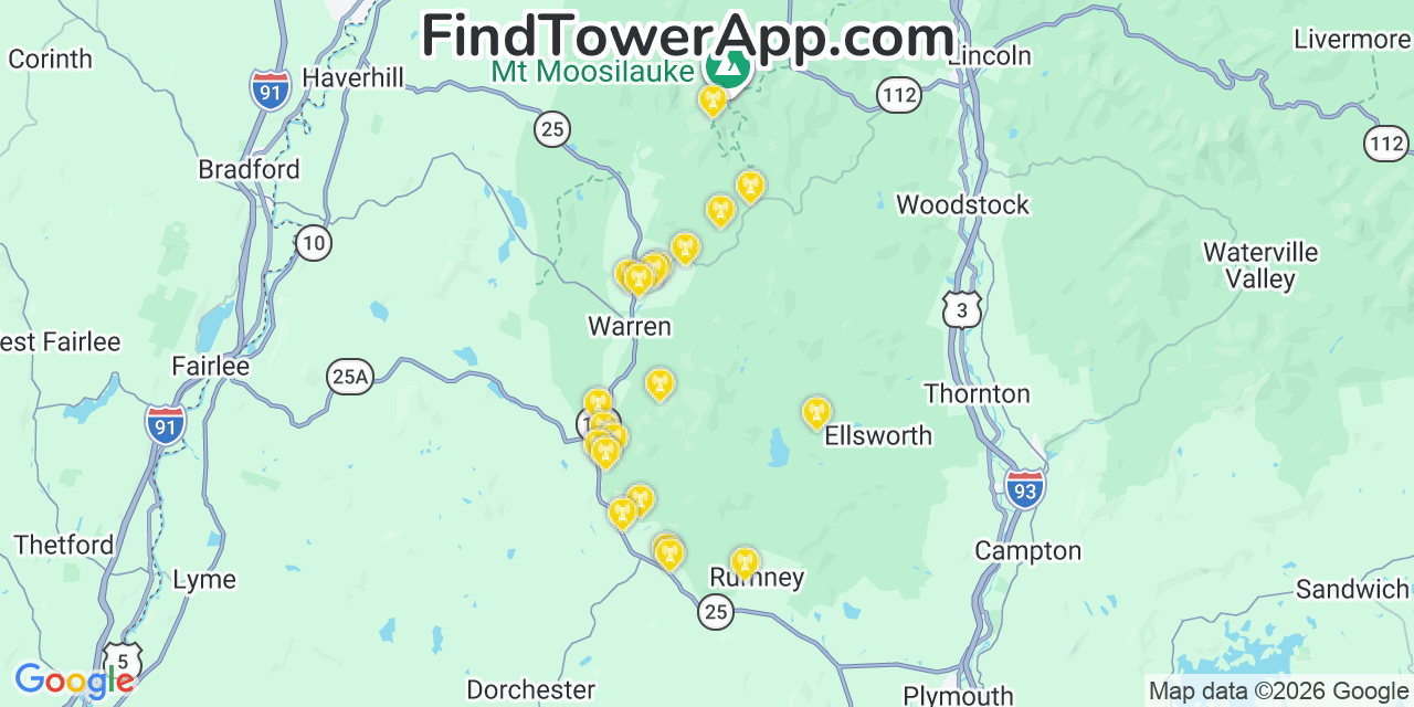 Map showing the 20 primary cell tower locations detected in Grafton, New Hampshire from AT&T, Verizon, and T-Mobile networks