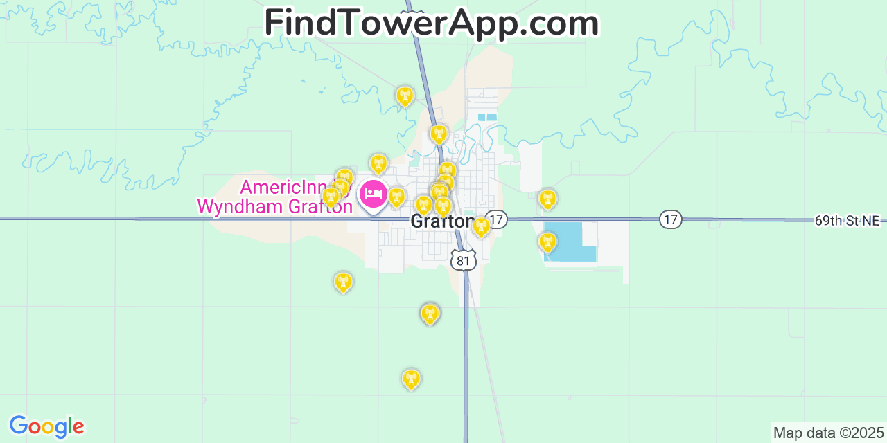 Map showing the 20 primary cell tower locations detected in Grafton, North Dakota from AT&T, Verizon, and T-Mobile networks