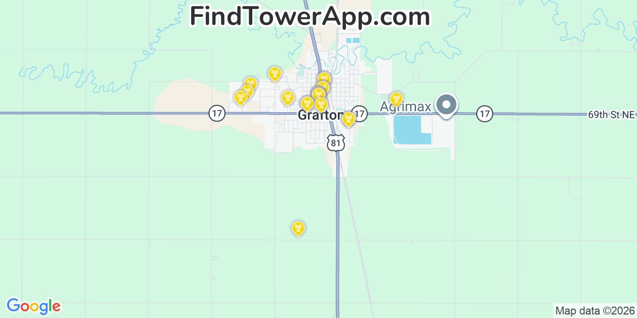 Map showing the 20 primary cell tower locations detected in Grafton, North Dakota from AT&T, Verizon, and T-Mobile networks