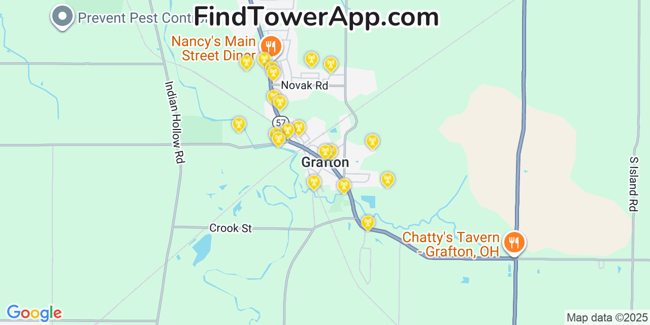 Map showing the 20 primary cell tower locations detected in Grafton, Ohio from AT&T, Verizon, and T-Mobile networks