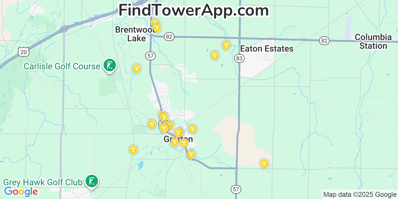 Map showing the 20 primary cell tower locations detected in Grafton, Ohio from AT&T, Verizon, and T-Mobile networks