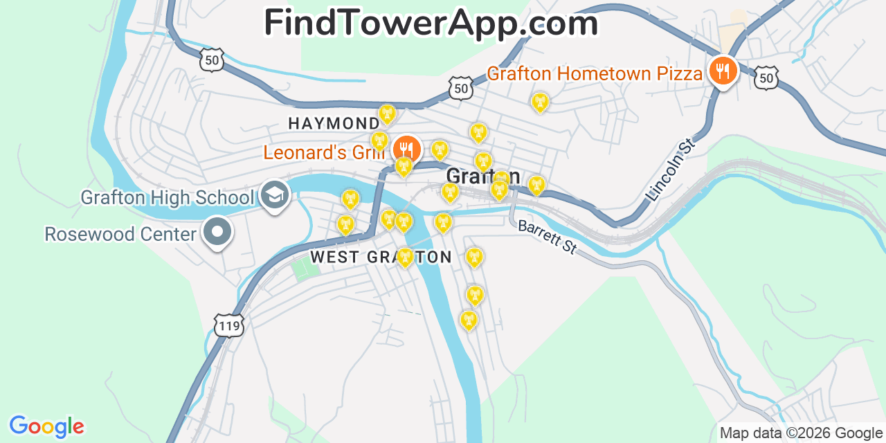 Map showing the 20 primary cell tower locations detected in Grafton, West Virginia from AT&T, Verizon, and T-Mobile networks