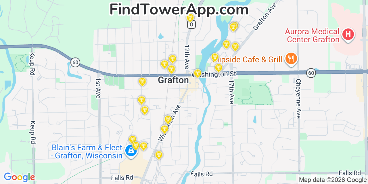 Map showing the 20 primary cell tower locations detected in Grafton, Wisconsin from AT&T, Verizon, and T-Mobile networks