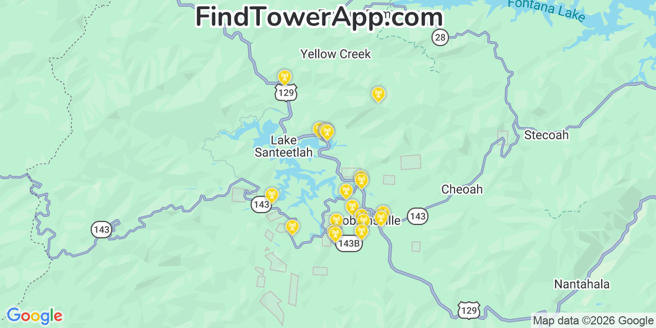 Map showing the 20 primary cell tower locations detected in Graham, North Carolina from AT&T, Verizon, and T-Mobile networks