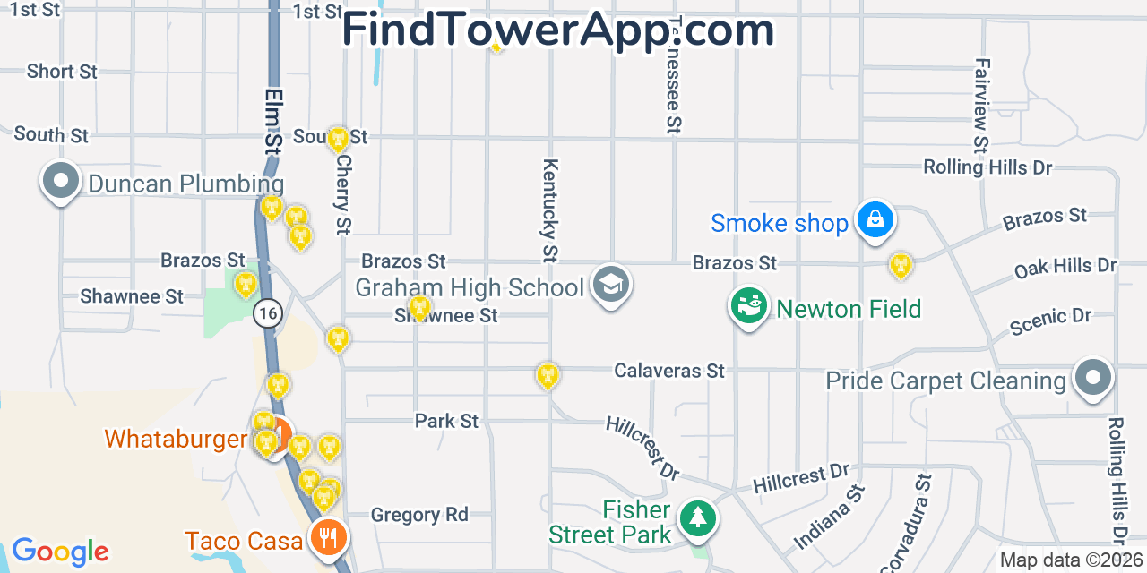 Map showing the 20 primary cell tower locations detected in Graham, Texas from AT&T, Verizon, and T-Mobile networks