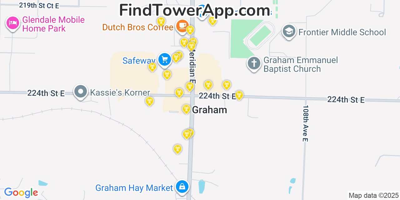 Map showing the 20 primary cell tower locations detected in Graham, Washington from AT&T, Verizon, and T-Mobile networks