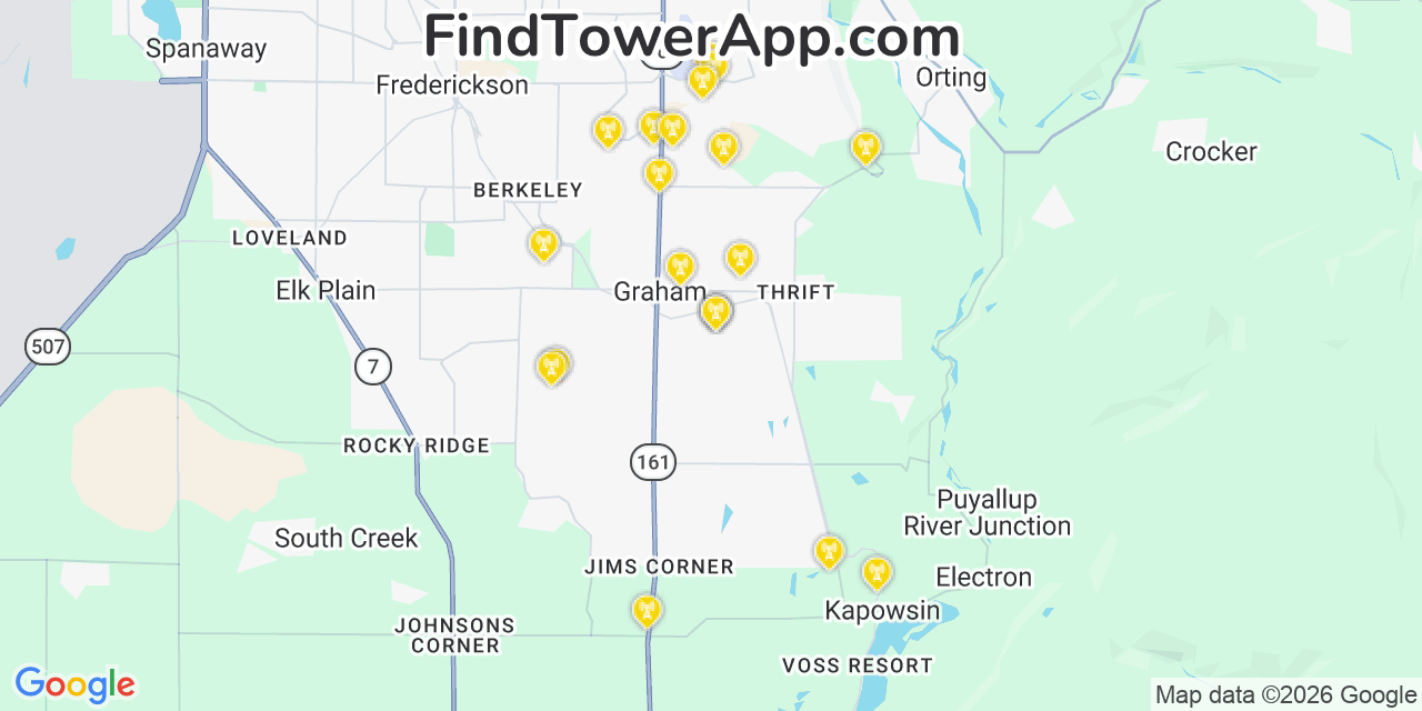 Map showing the 20 primary cell tower locations detected in Graham, Washington from AT&T, Verizon, and T-Mobile networks