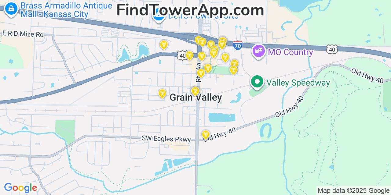 Map showing the 20 primary cell tower locations detected in Grain Valley, Missouri from AT&T, Verizon, and T-Mobile networks