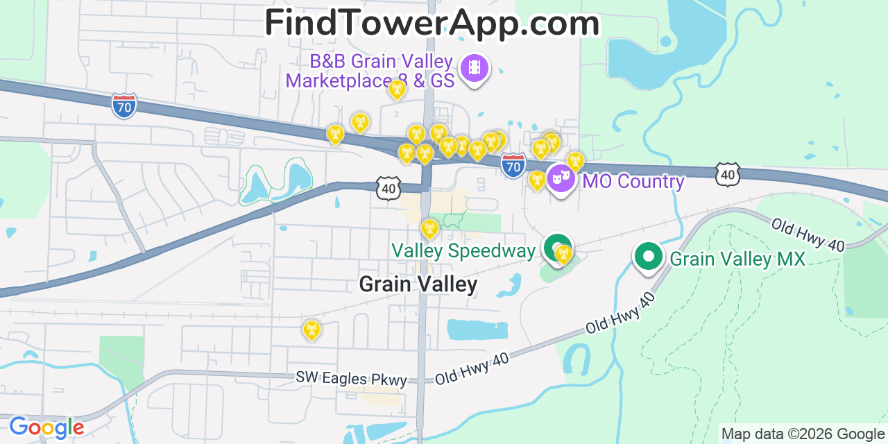 Map showing the 20 primary cell tower locations detected in Grain Valley, Missouri from AT&T, Verizon, and T-Mobile networks
