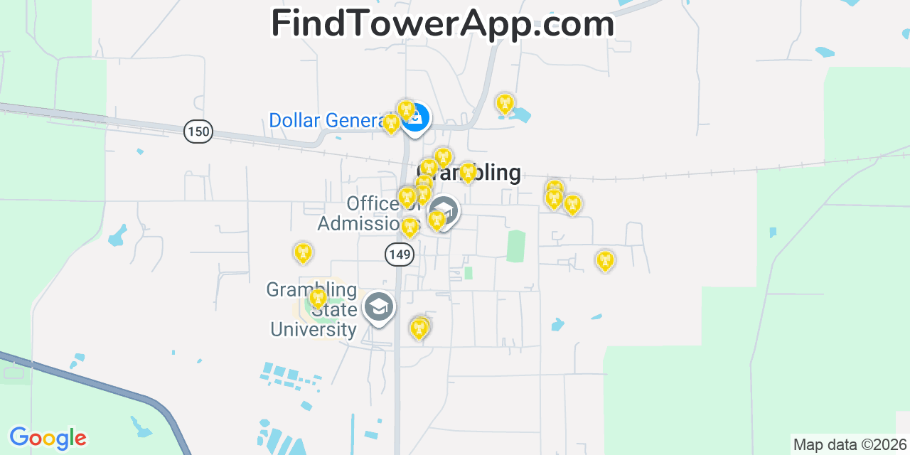 Map showing the 20 primary cell tower locations detected in Grambling, Louisiana from AT&T, Verizon, and T-Mobile networks