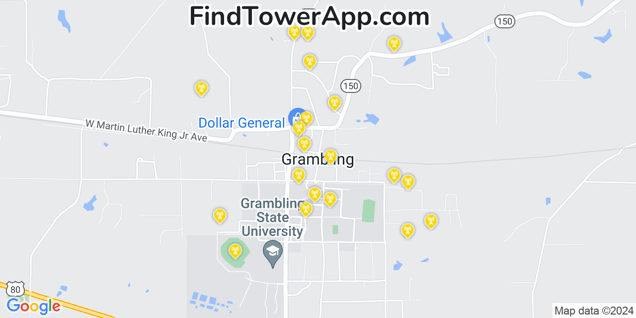 Verizon 4G/5G cell tower coverage map Grambling, Louisiana