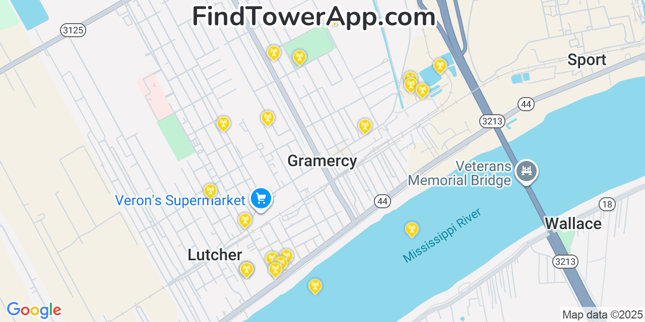 Map showing the 20 primary cell tower locations detected in Gramercy, Louisiana from AT&T, Verizon, and T-Mobile networks