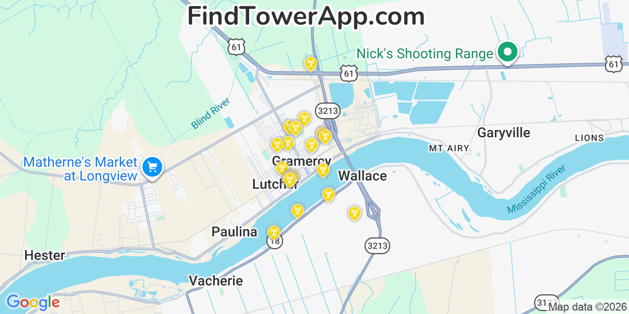 Map showing the 20 primary cell tower locations detected in Gramercy, Louisiana from AT&T, Verizon, and T-Mobile networks