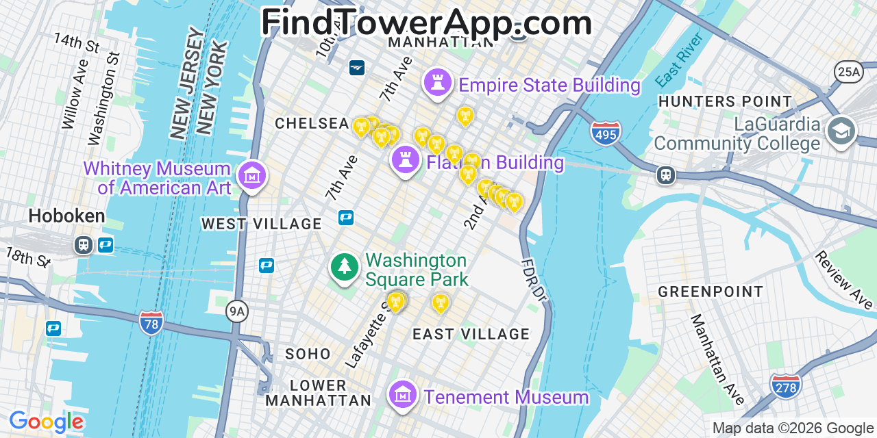 Map showing the 20 primary cell tower locations detected in Gramercy Park, New York from AT&T, Verizon, and T-Mobile networks