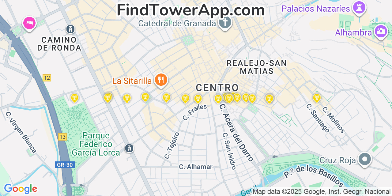 Map showing the 20 primary cell tower locations detected in Granada, Spain with coverage areas and signal strength