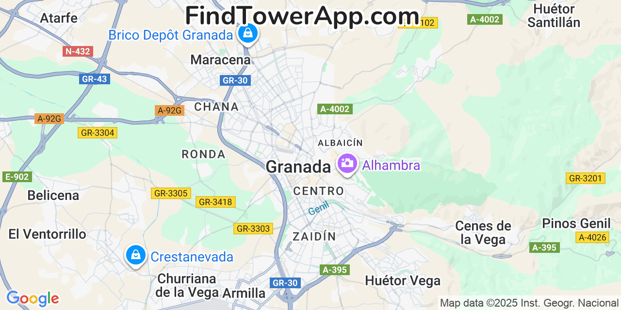 Map showing the 0 primary Orange cell tower locations detected in Granada, Spain with coverage radius and signal strength indicators