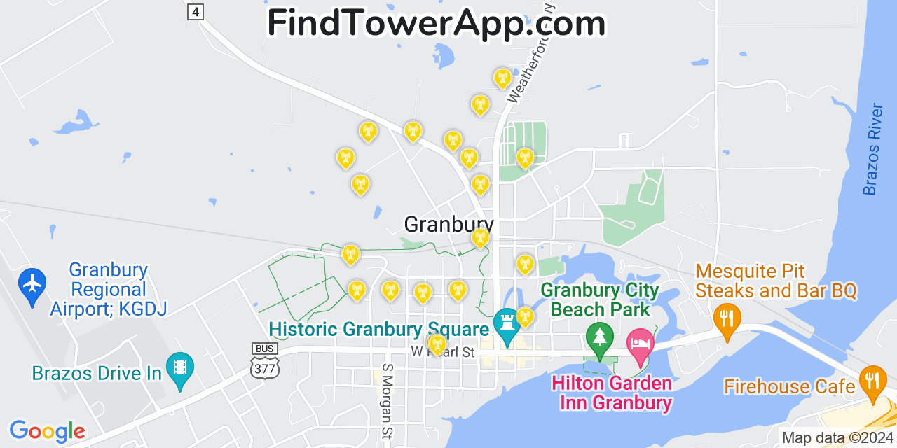 AT&T 4G/5G cell tower coverage map Granbury, Texas