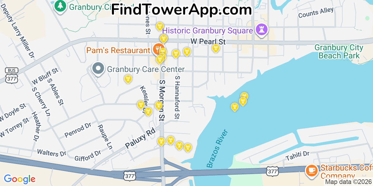 Map showing the 20 primary cell tower locations detected in Granbury, Texas from AT&T, Verizon, and T-Mobile networks