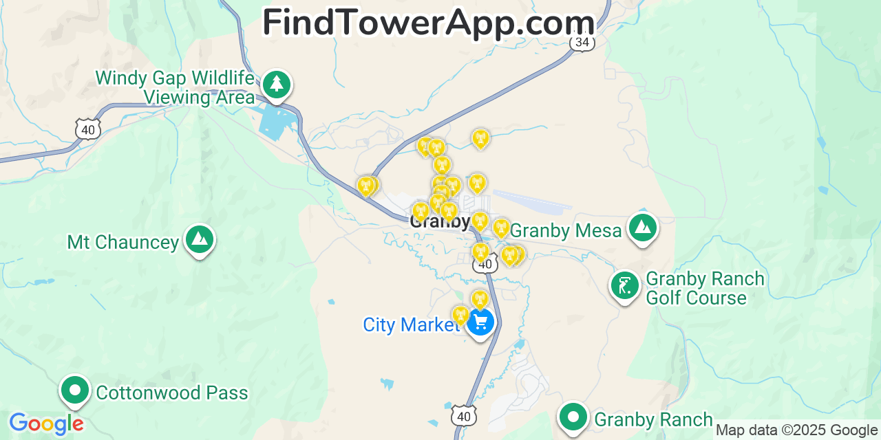 Map showing the 20 primary cell tower locations detected in Granby, Colorado from AT&T, Verizon, and T-Mobile networks