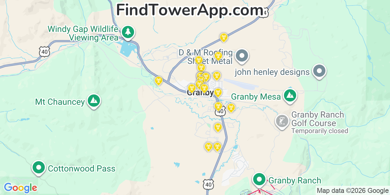 Map showing the 20 primary cell tower locations detected in Granby, Colorado from AT&T, Verizon, and T-Mobile networks