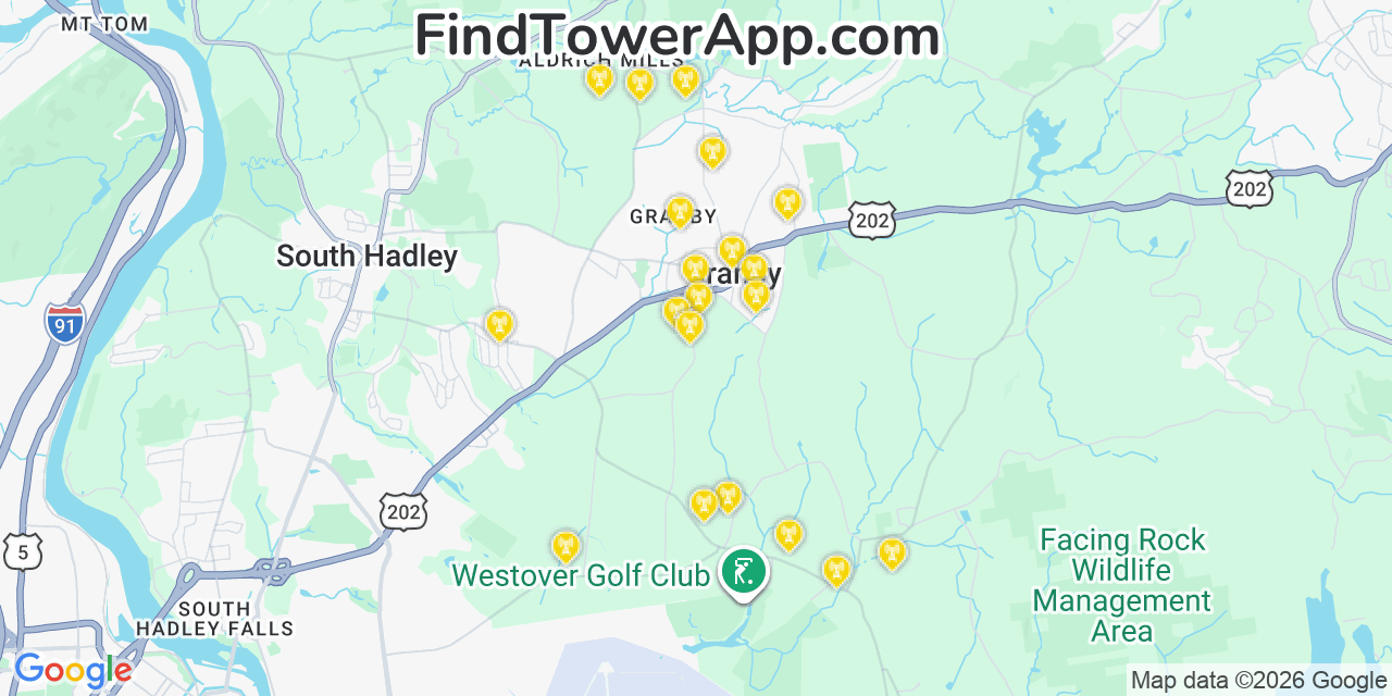 Map showing the 20 primary cell tower locations detected in Granby, Massachusetts from AT&T, Verizon, and T-Mobile networks