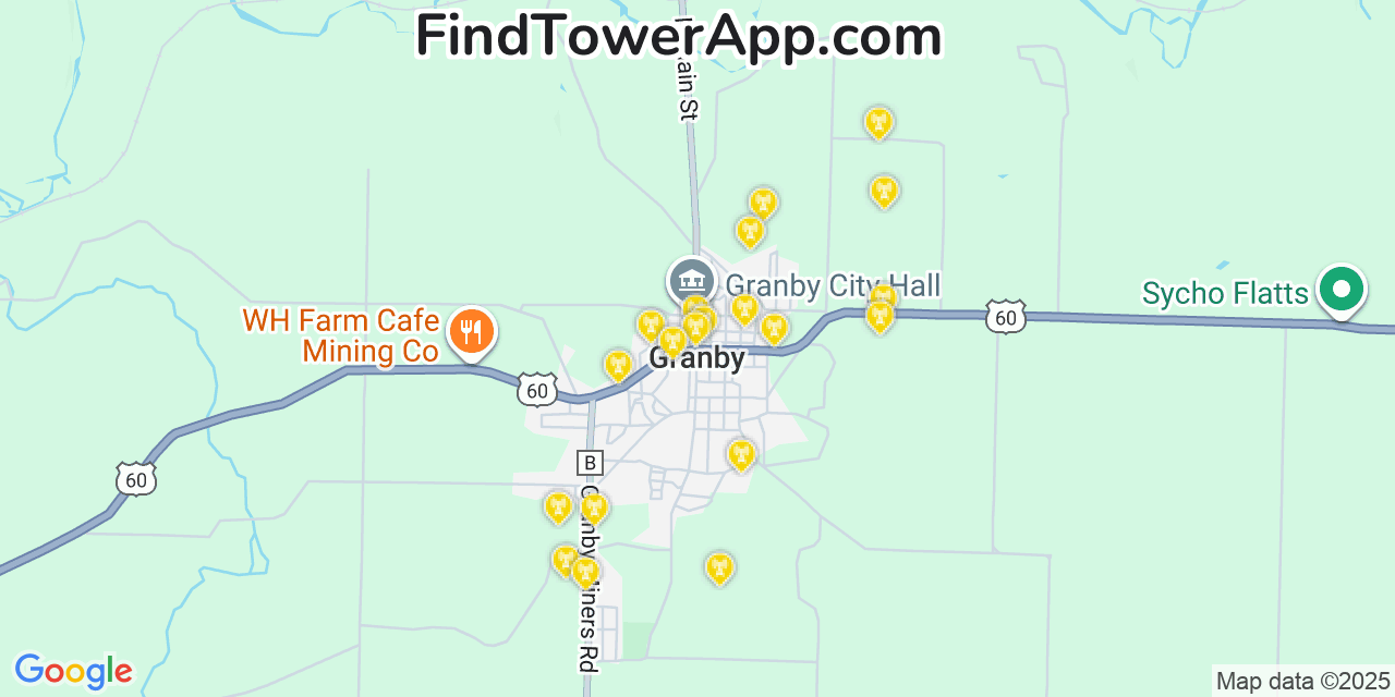 Map showing the 20 primary cell tower locations detected in Granby, Missouri from AT&T, Verizon, and T-Mobile networks