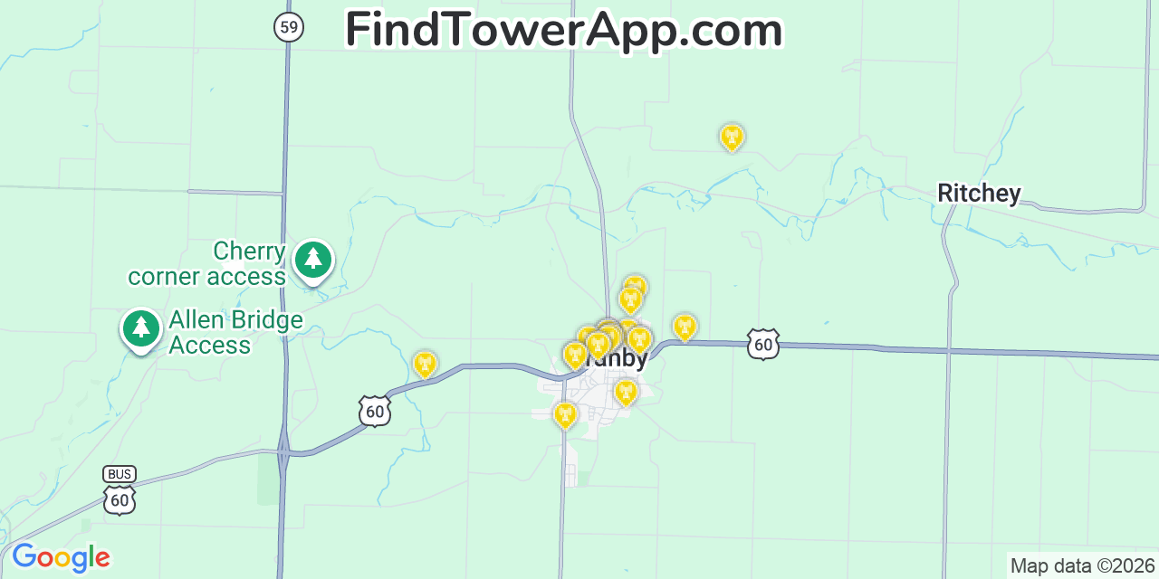 Map showing the 20 primary cell tower locations detected in Granby, Missouri from AT&T, Verizon, and T-Mobile networks