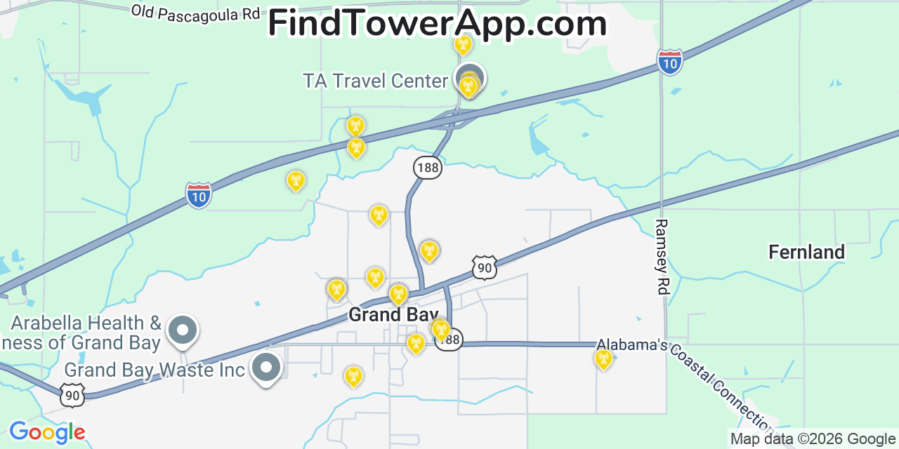Map showing the 20 primary cell tower locations detected in Grand Bay, Alabama from AT&T, Verizon, and T-Mobile networks