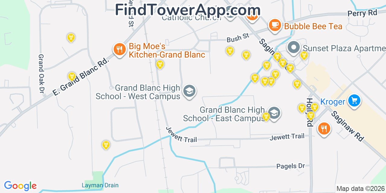 Map showing the 20 primary cell tower locations detected in Grand Blanc, Michigan from AT&T, Verizon, and T-Mobile networks