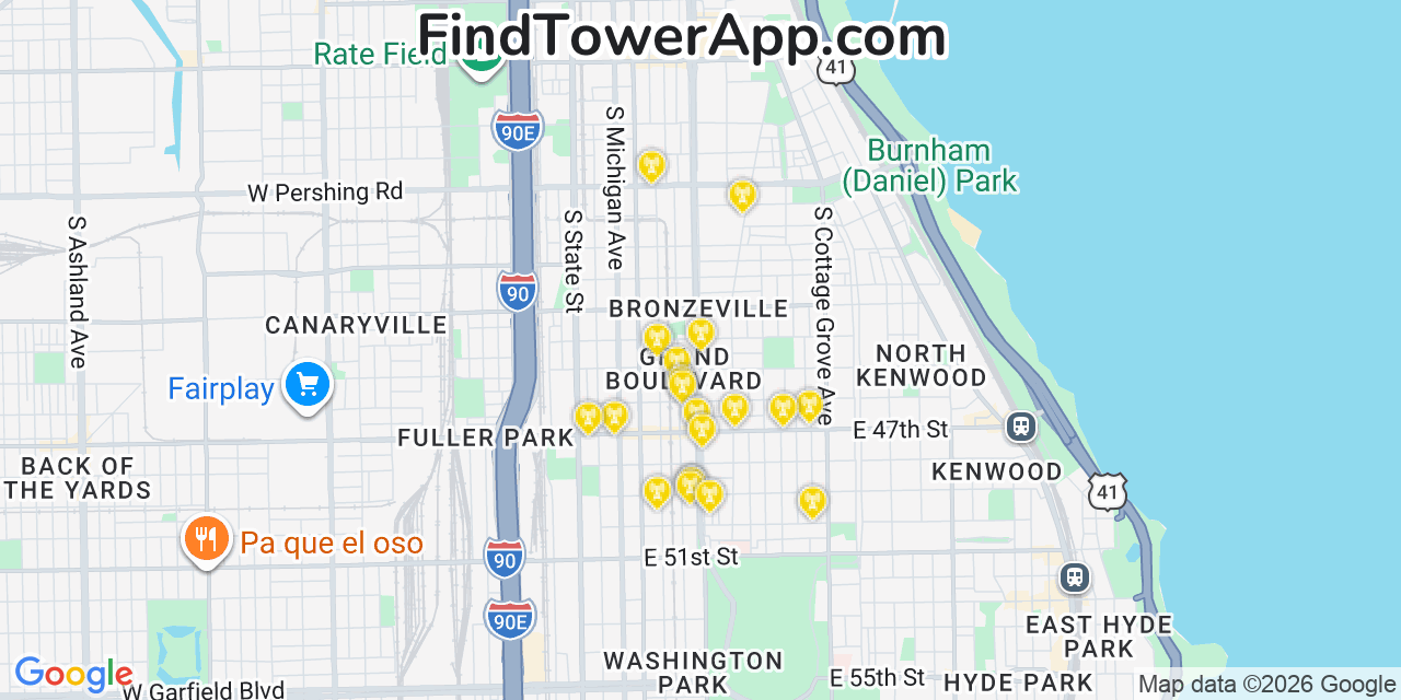 Map showing the 20 primary cell tower locations detected in Grand Boulevard, Illinois from AT&T, Verizon, and T-Mobile networks