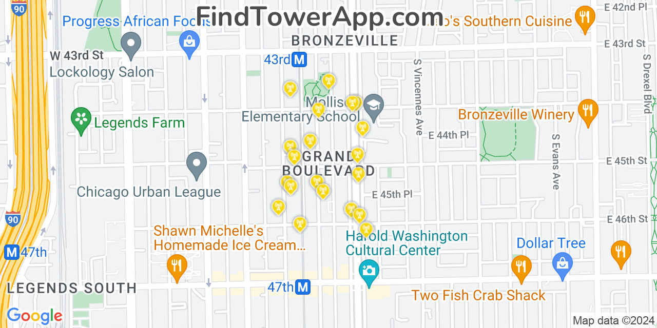 Verizon 4G/5G cell tower coverage map Grand Boulevard, Illinois