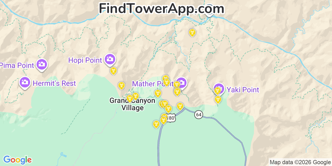 Map showing the 20 primary cell tower locations detected in Grand Canyon, Arizona from AT&T, Verizon, and T-Mobile networks