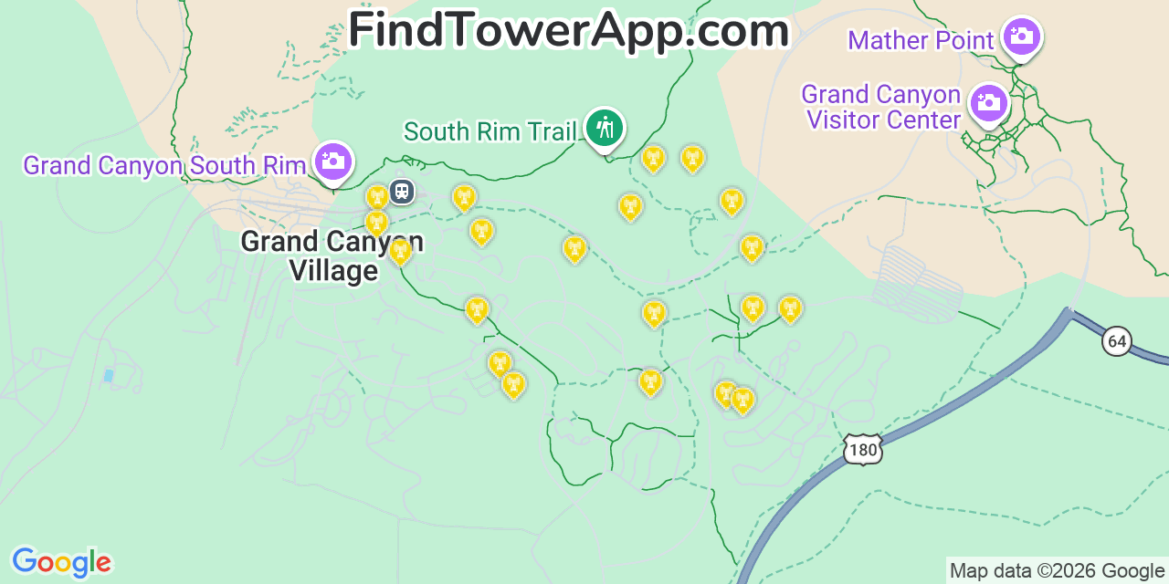 Map showing the 20 primary cell tower locations detected in Grand Canyon Village, Arizona from AT&T, Verizon, and T-Mobile networks