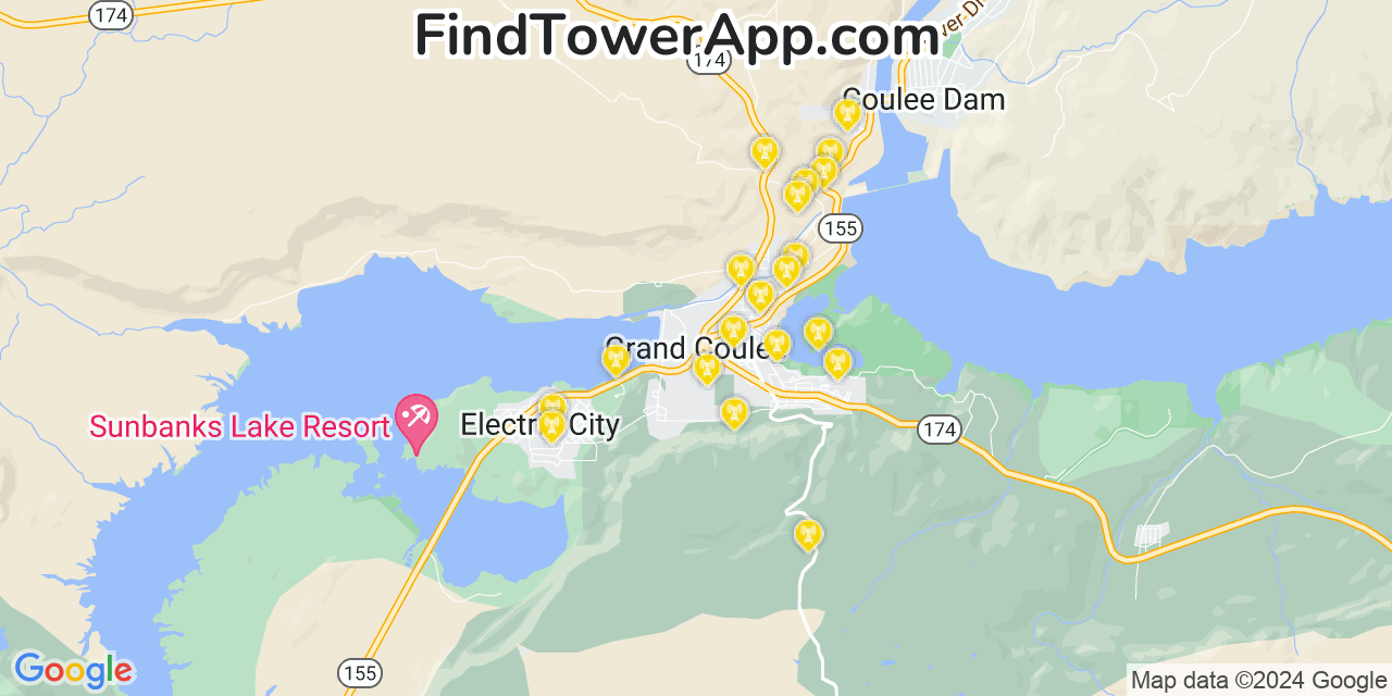 AT&T 4G/5G cell tower coverage map Grand Coulee, Washington