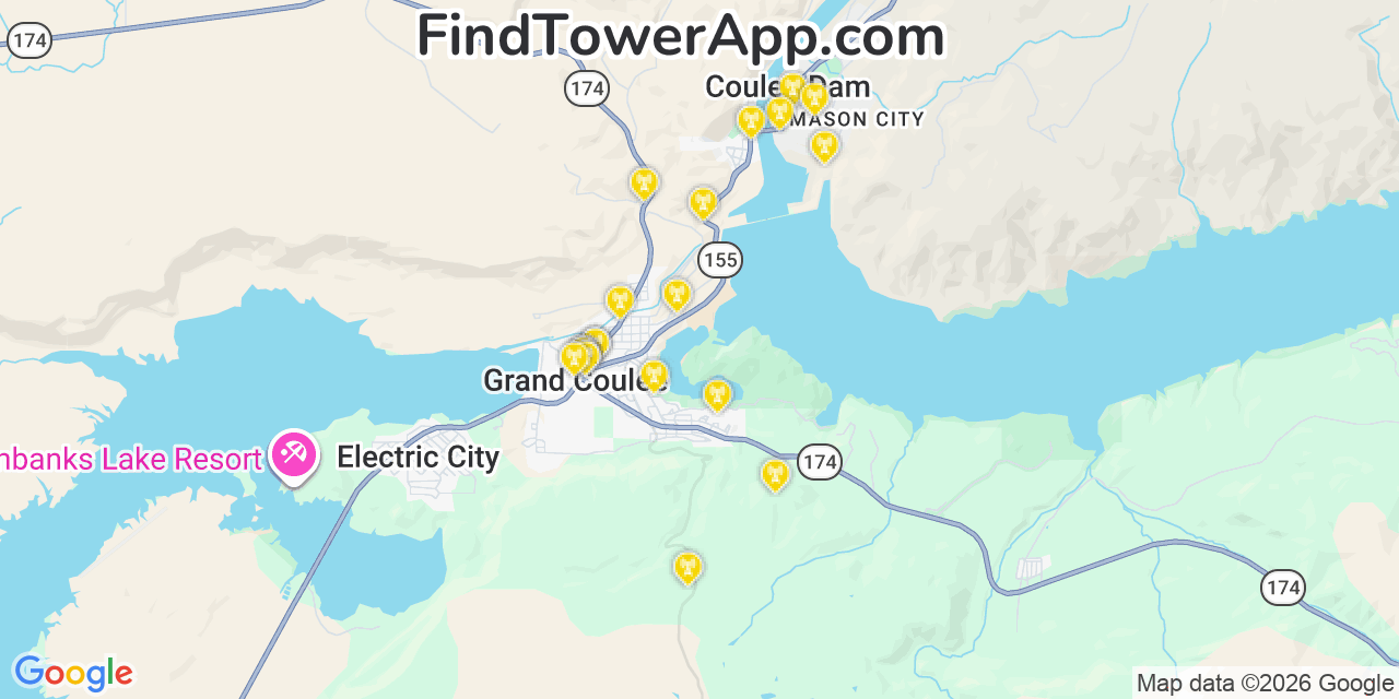Map showing the 20 primary cell tower locations detected in Grand Coulee, Washington from AT&T, Verizon, and T-Mobile networks